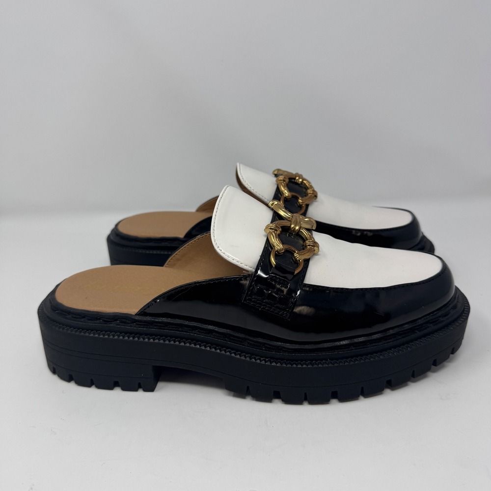 Circus by Sam Edelman Womens Black White Patent Lug Sole Chain Loafer Mules 8.5